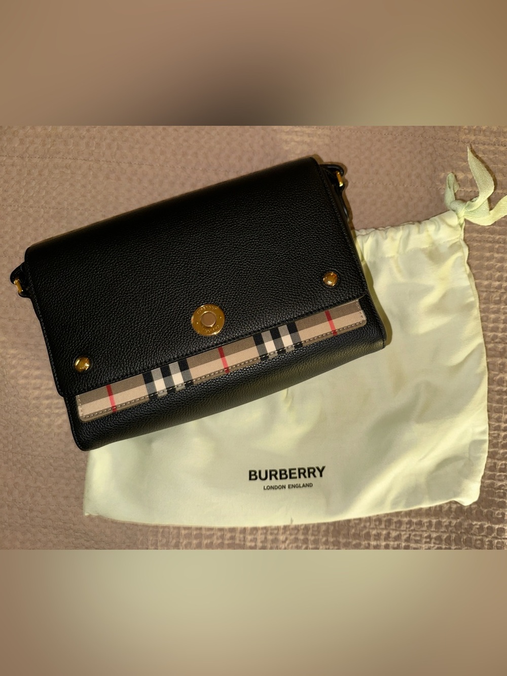 Burberry Note leather and check crossbody bag